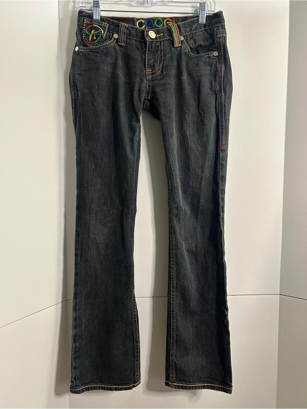 COOGI Jeans Black Flare Jeans with Rainbow Trim Women Size 7/8 33-1/2